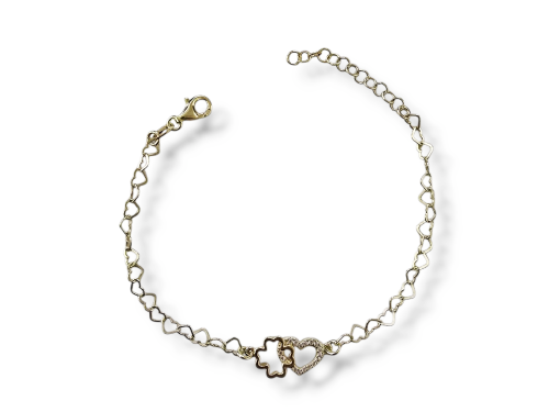 Pulseira Trevo e Coração Prata Dourada