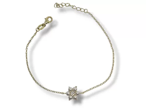 Pulseira Prata Dourada Flor Pérolas